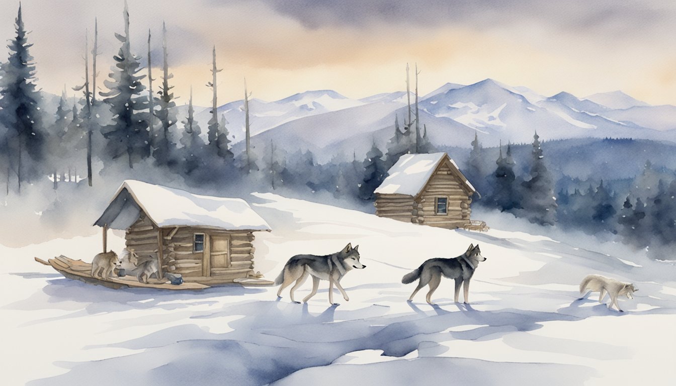 Snowy landscape with wolves and mountain cabins.