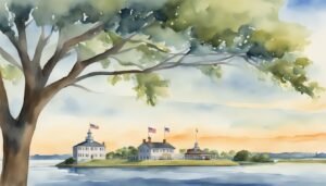 Watercolor painting of lakeside historical buildings at sunset.