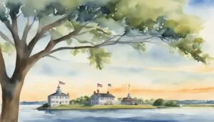 Watercolor painting of lakeside historical buildings at sunset.