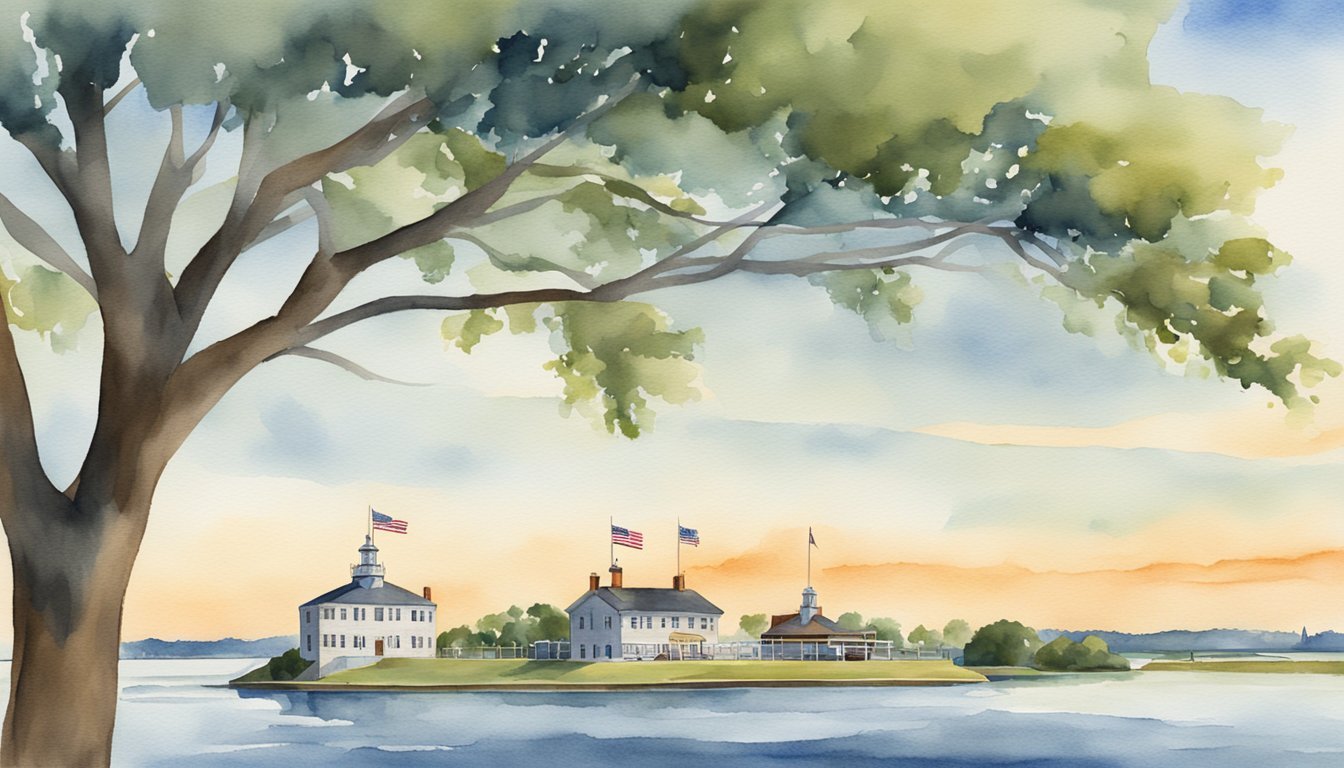 Watercolor painting of lakeside historical buildings at sunset.