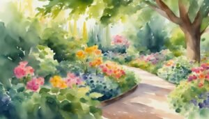 Watercolor painting of a vibrant, flower-lined garden path.