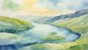 Watercolor painting of serene river flowing through mountain valley.