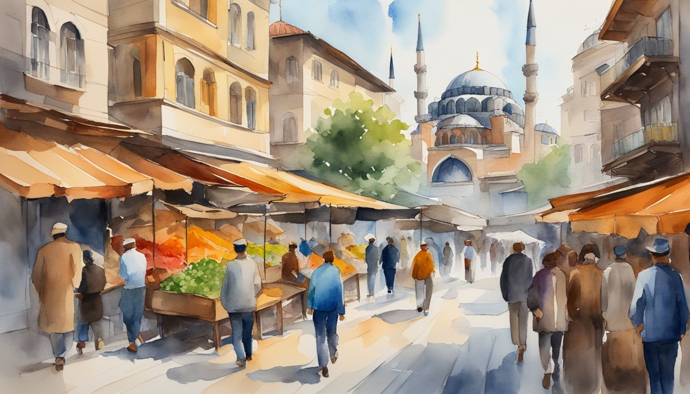 Watercolor of bustling market near mosque in sunlight.