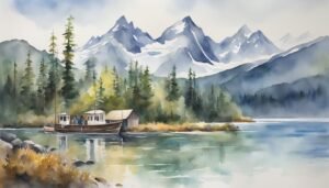 Watercolor of boats on serene mountain lake.