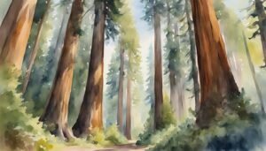 Watercolor painting of towering forest trees.