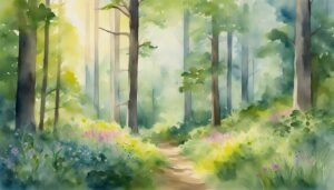 Watercolor painting of a forest path with blooming flowers.