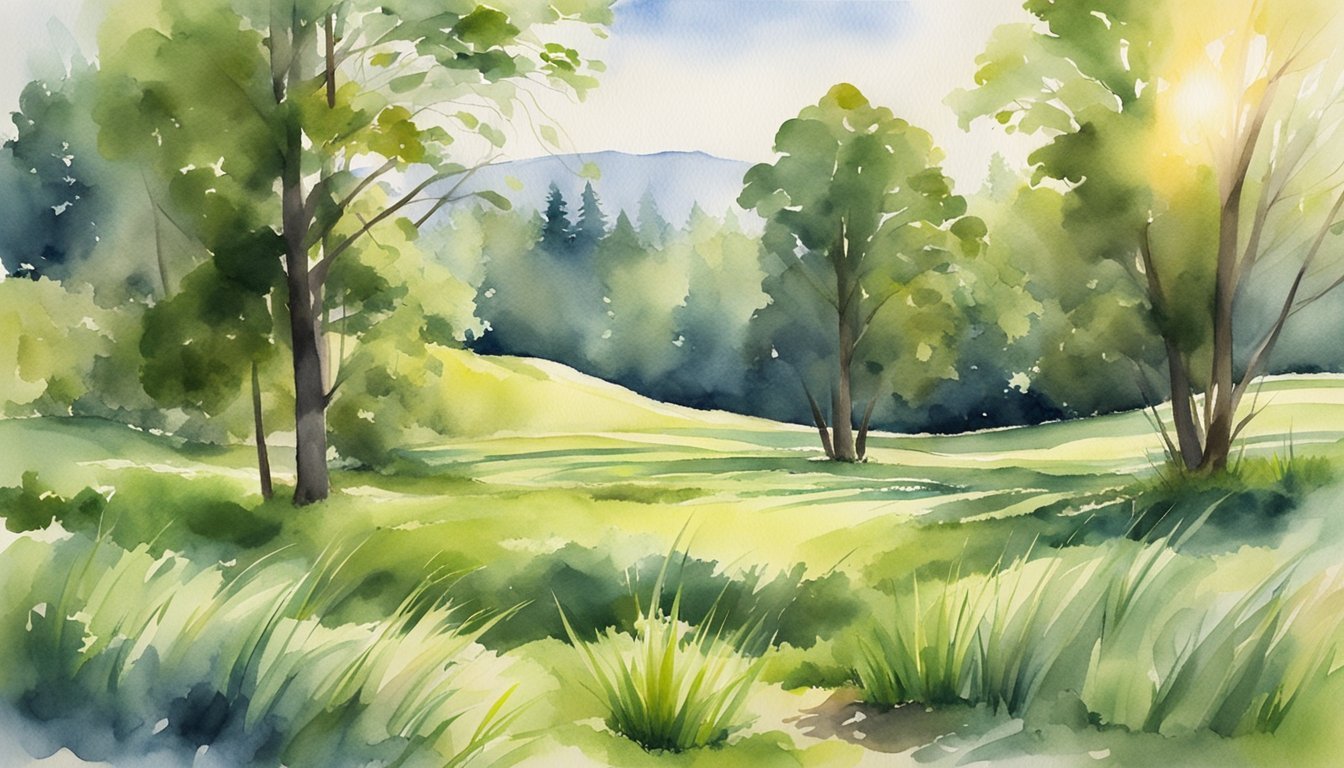 Watercolor landscape painting of a forest clearing at sunrise.