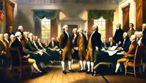 Founding Fathers at constitutional convention, historic painting.