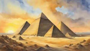 Watercolor painting of pyramids at sunset in Egypt.