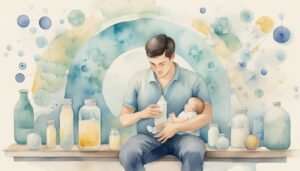 Father feeding baby in watercolor illustration.