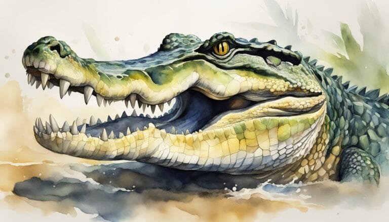 Watercolor painting of a detailed, realistic alligator.