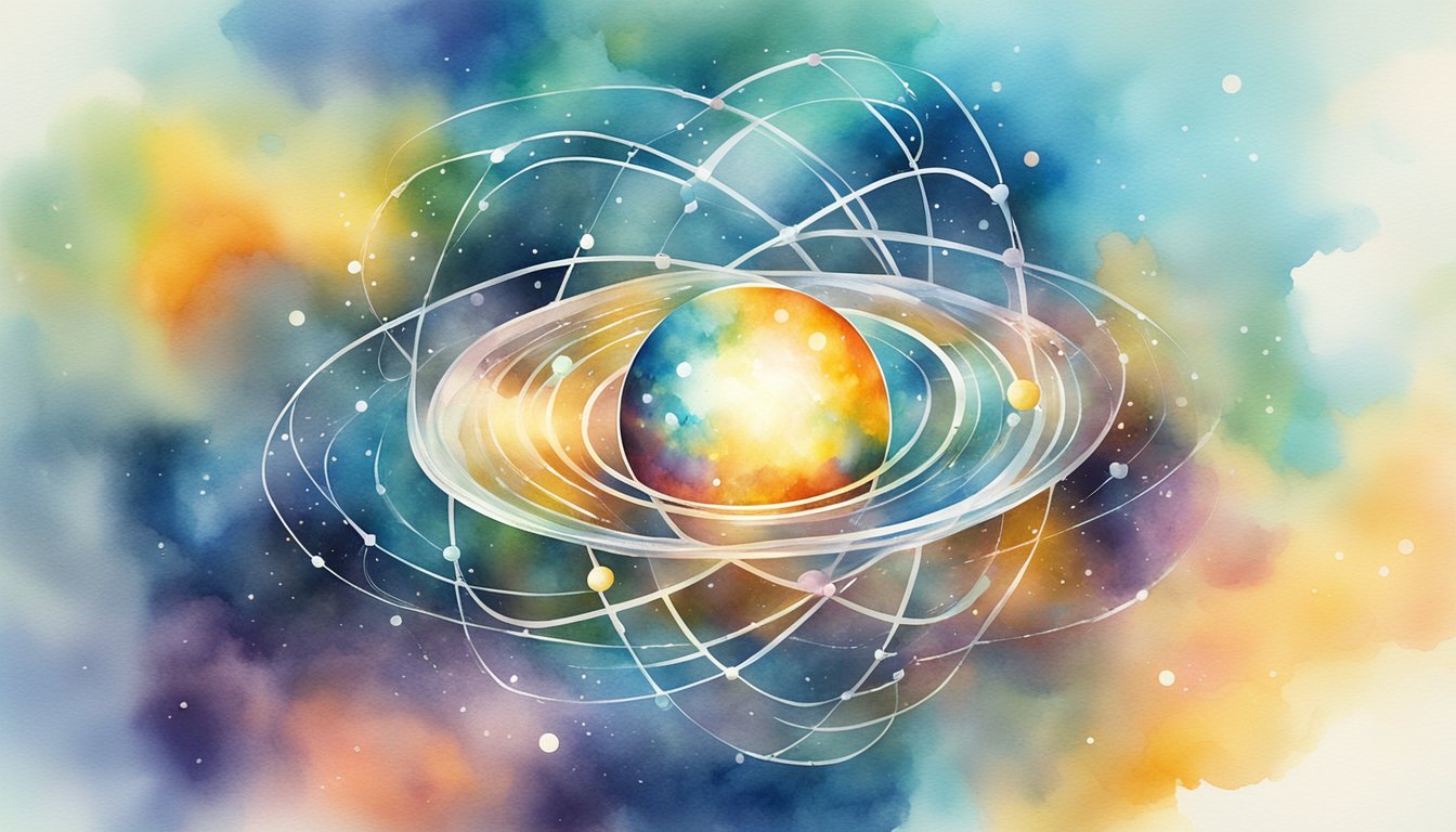 Vibrant watercolor illustration of an abstract atom model.