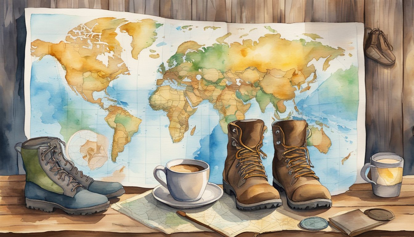 Watercolor of map, hiking boots, and coffee on table.