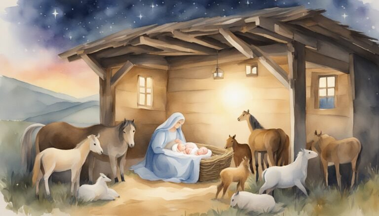 Nativity scene with Mary, baby Jesus, and animals at night.