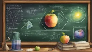 Chalkboard with scientific diagrams and classroom objects.