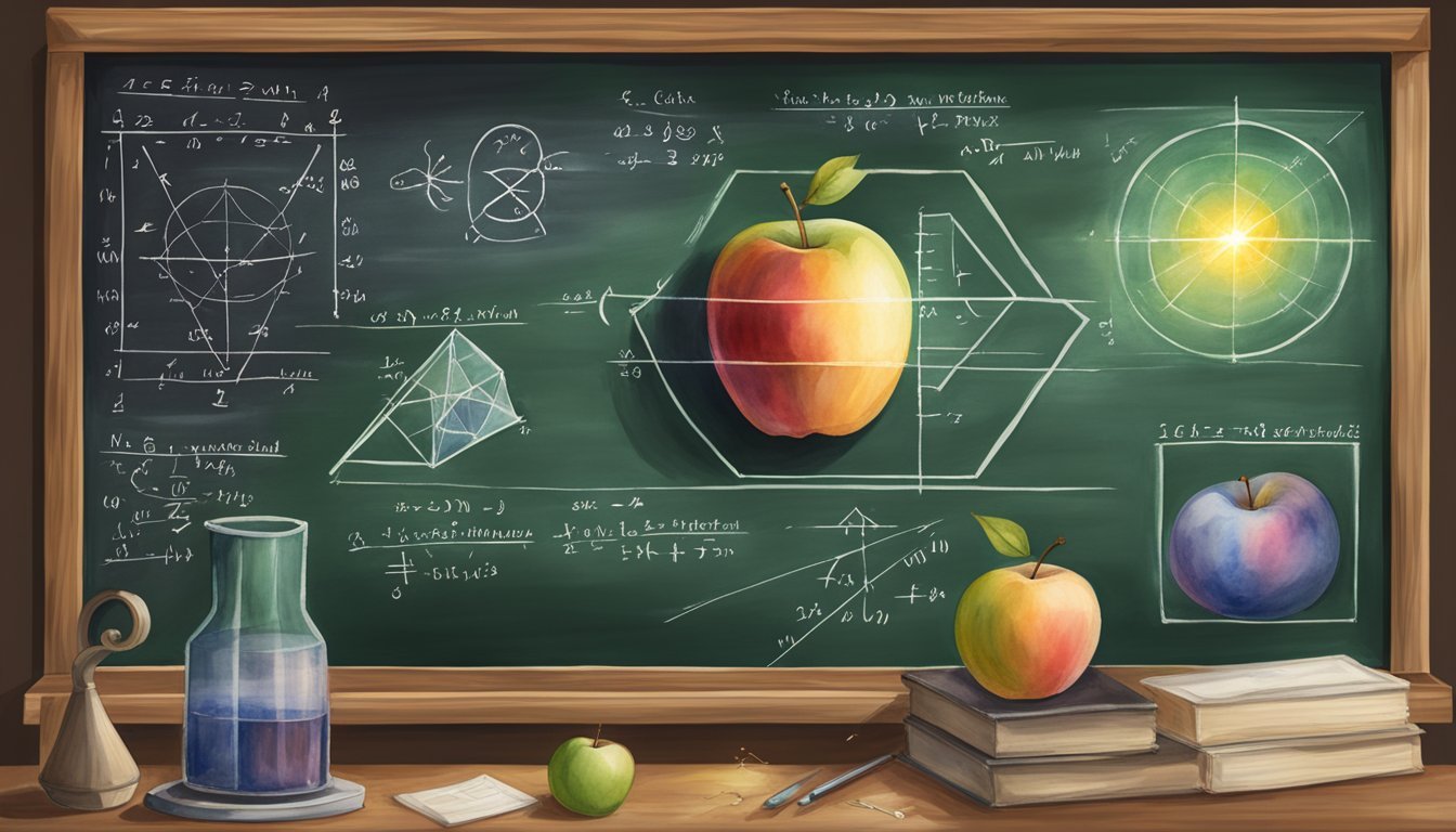 Chalkboard with scientific diagrams and classroom objects.