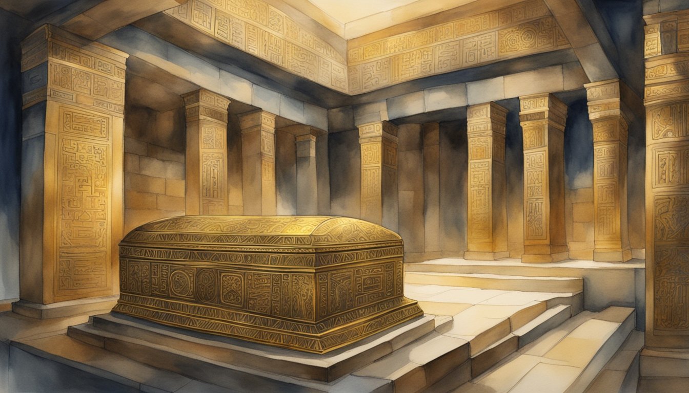 Illustration of an ornate ancient tomb and hieroglyphic columns.