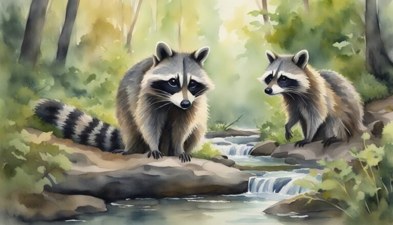 Two raccoons beside stream in forest, watercolor painting.