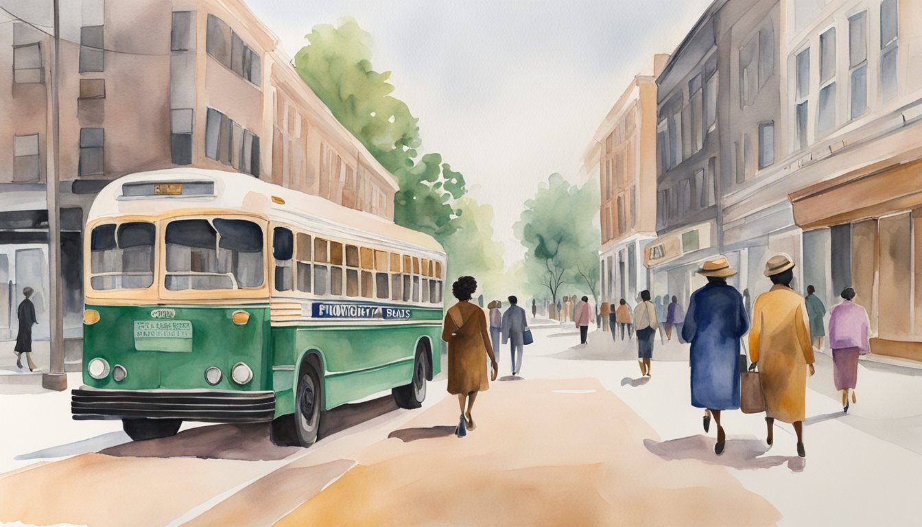 Watercolor of vintage bus and pedestrians on city street.