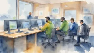 Watercolor of men working in modern office setting.