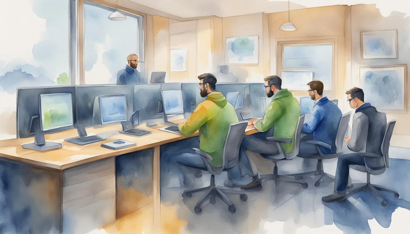 Watercolor of men working in modern office setting.
