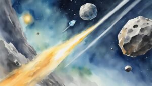 Watercolor painting of asteroids and a comet in space.