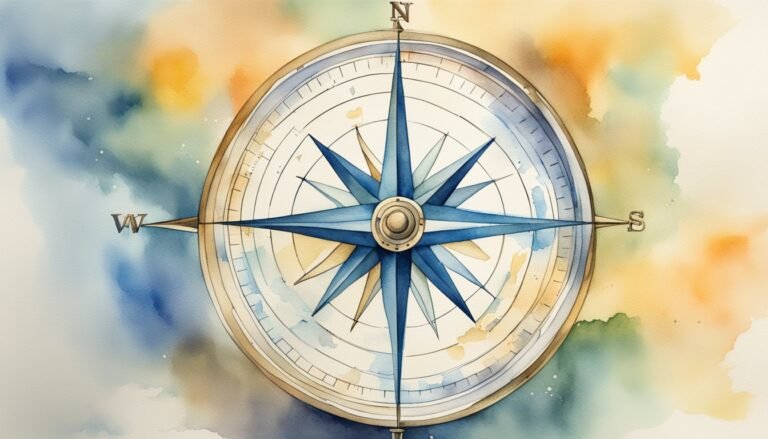 Watercolor painting of a compass with colorful background.