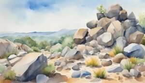 Watercolor painting of a rocky desert landscape.