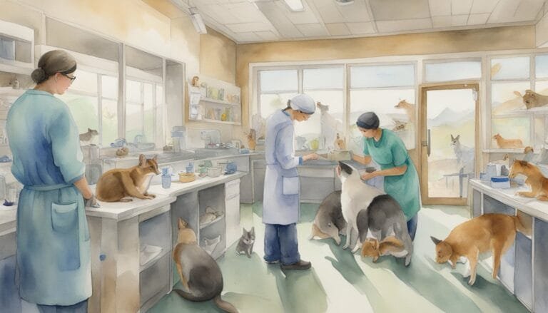 Veterinarians caring for various animals in clinic.