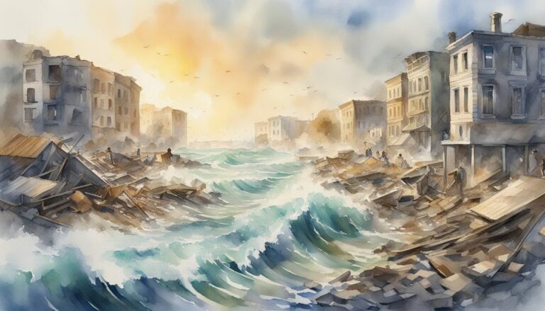 Watercolor painting of a city devastated by a tsunami.