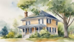 Watercolor painting of a serene, tree-shaded house.