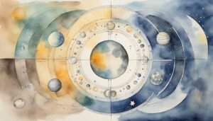 Watercolor planetary orbits and celestial bodies illustration.