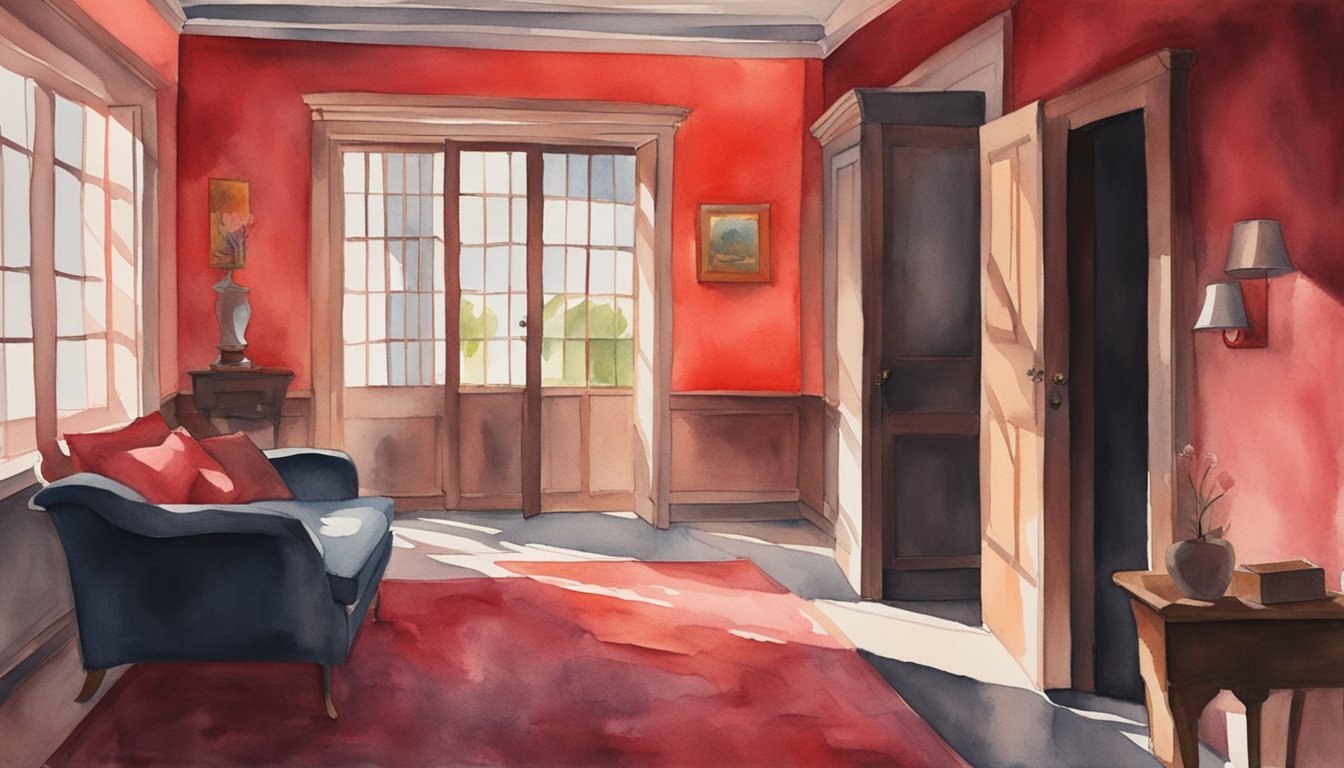 Watercolor painting of bright red room with furniture and windows.