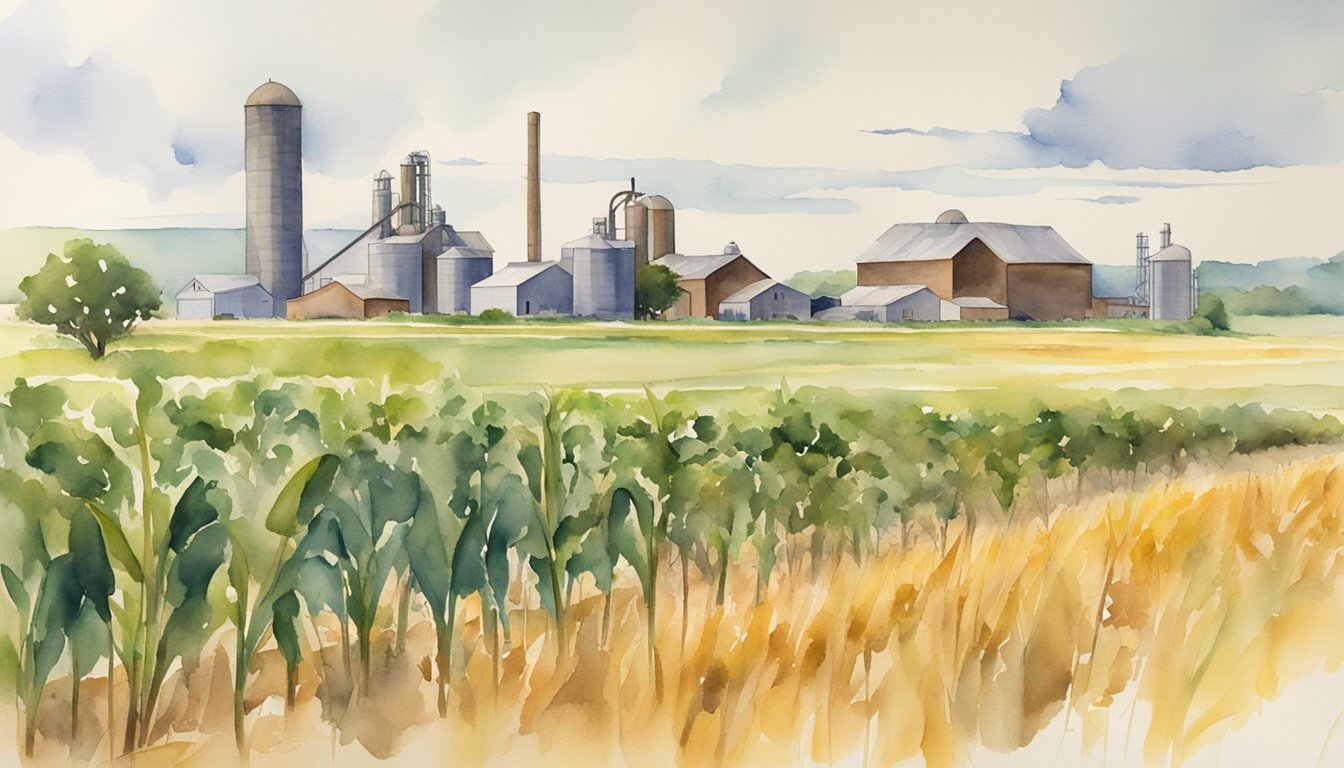 Watercolor painting of a rural farm and fields.