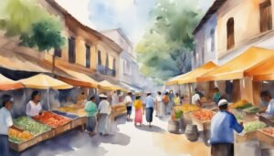 Watercolor painting of bustling outdoor market street.