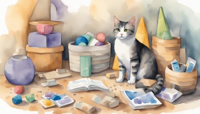 Cat in pottery studio with colorful ceramics.