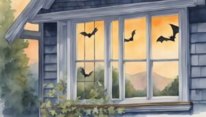 Bats flying past a home's window at dusk.