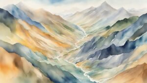 Watercolor painting of serene, multicolored mountain landscape.