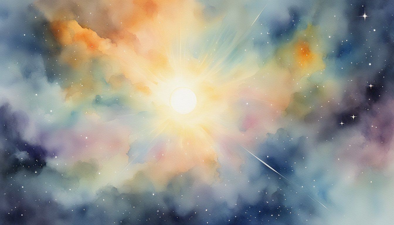 Vibrant watercolor painting of cosmic sunrise with stars.