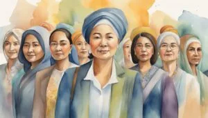 Watercolor of diverse women in traditional headscarves.