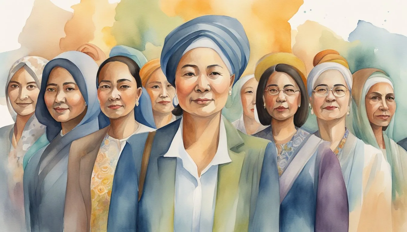 Watercolor of diverse women in traditional headscarves.