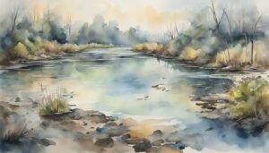 Watercolor painting of a serene river landscape with trees.