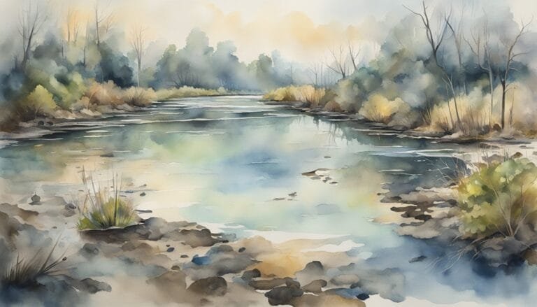 Watercolor painting of a serene river landscape with trees.
