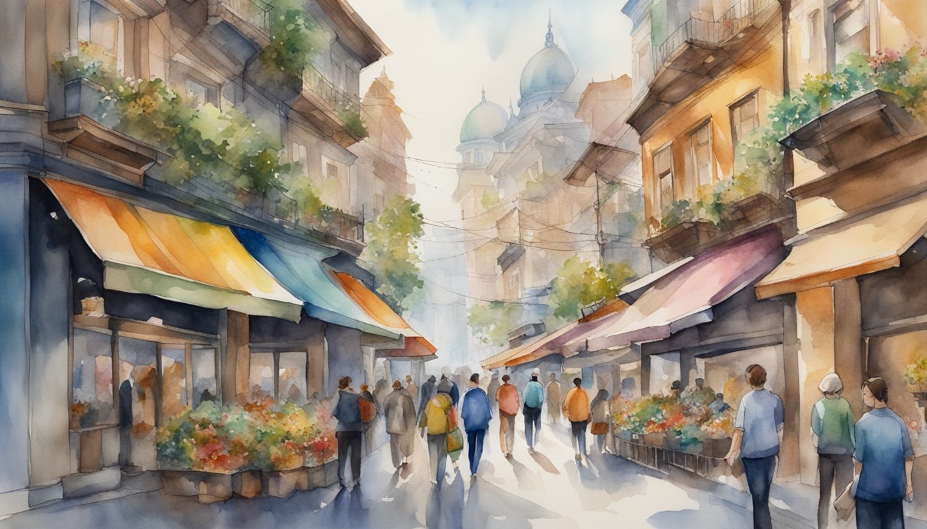 Watercolor painting of bustling city market street.