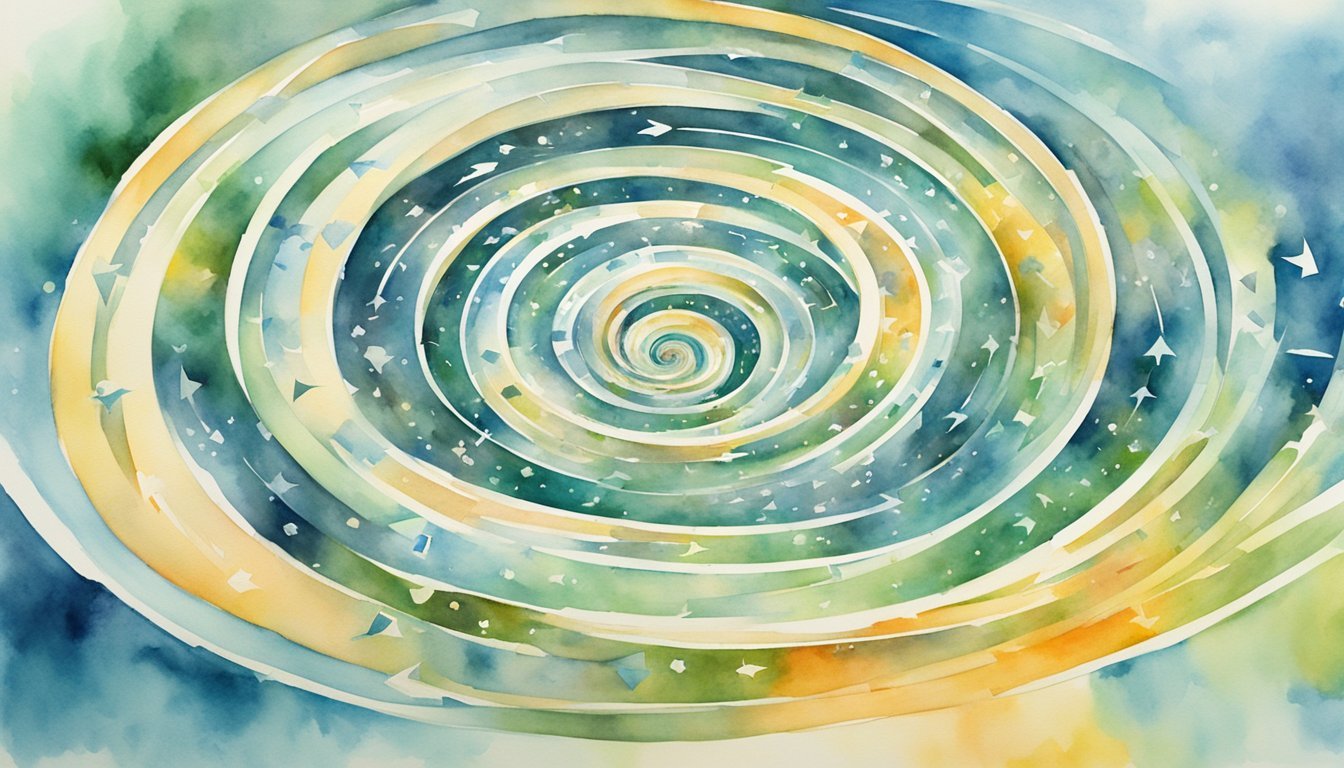 Colorful watercolor painting of abstract spiraling vortex.