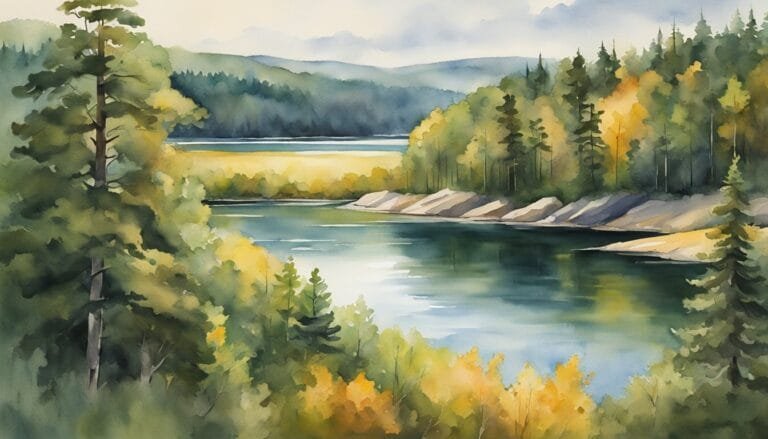 Autumn forest and lake landscape watercolor painting