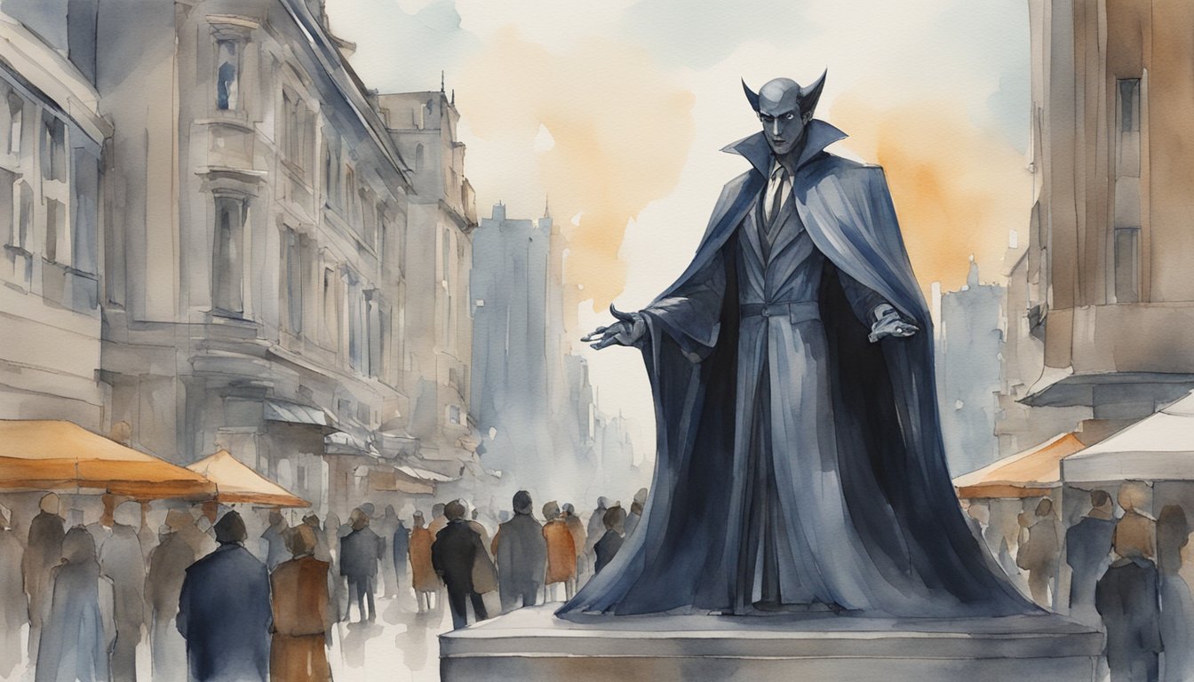 Gothic statue overlooking busy city street watercolor painting.