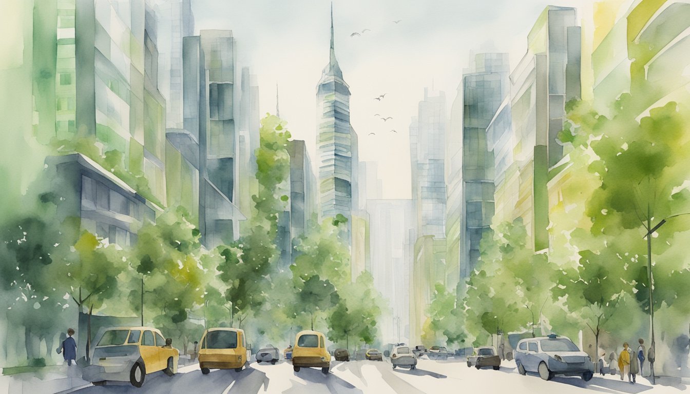 Watercolor painting of busy city street with cars and trees.