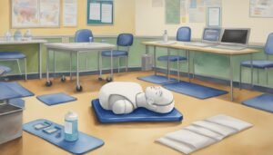 CPR training classroom with mannequin and educational posters.