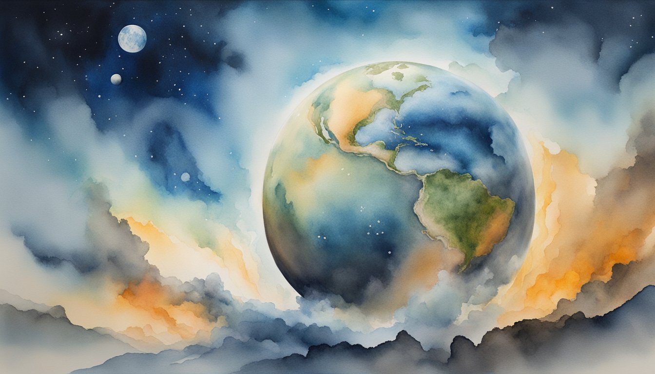 Watercolor painting of Earth with moon and stars.